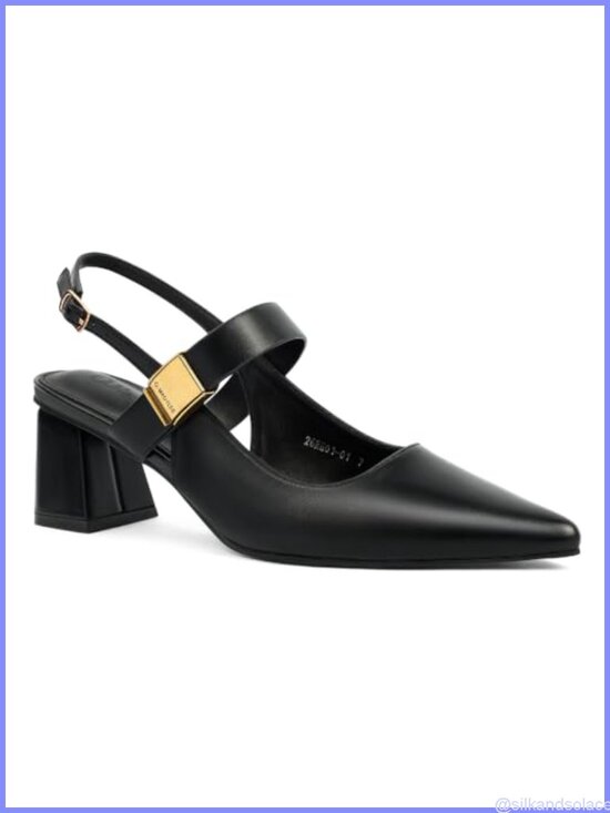 Shoes - Faux Leather Pointed Toe Slingback Block Heel Pumps for Women
